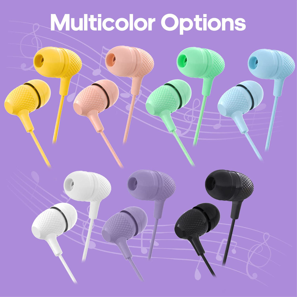 Wensdo bulk earbuds macaron colors, 1.2 m cable, ideal for classrooms.