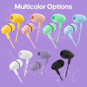 Wensdo bulk earbuds macaron colors, 1.2 m cable, ideal for classrooms.