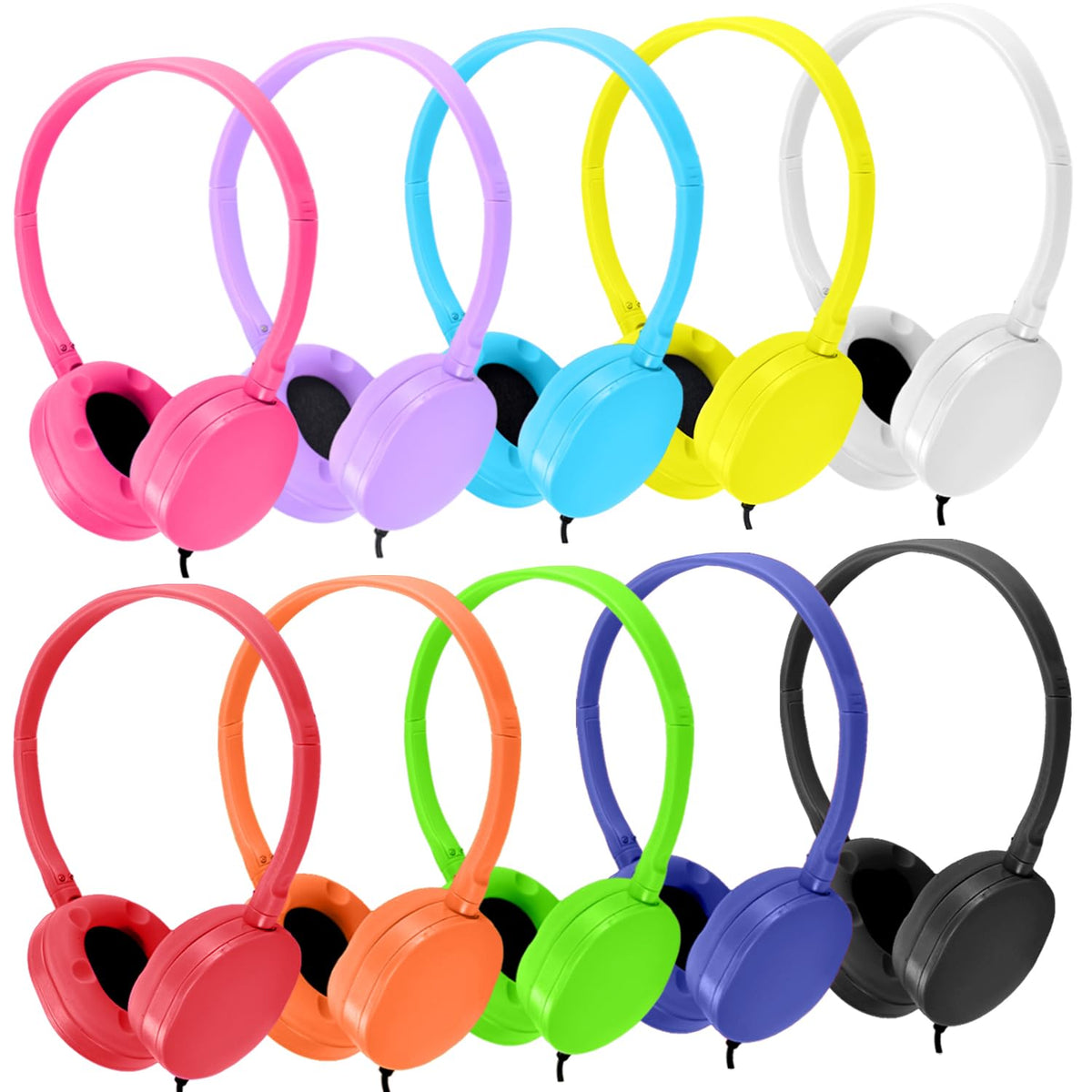 Wensdo kids headphones 10-pack multi-color for classroom distribution and group activities.