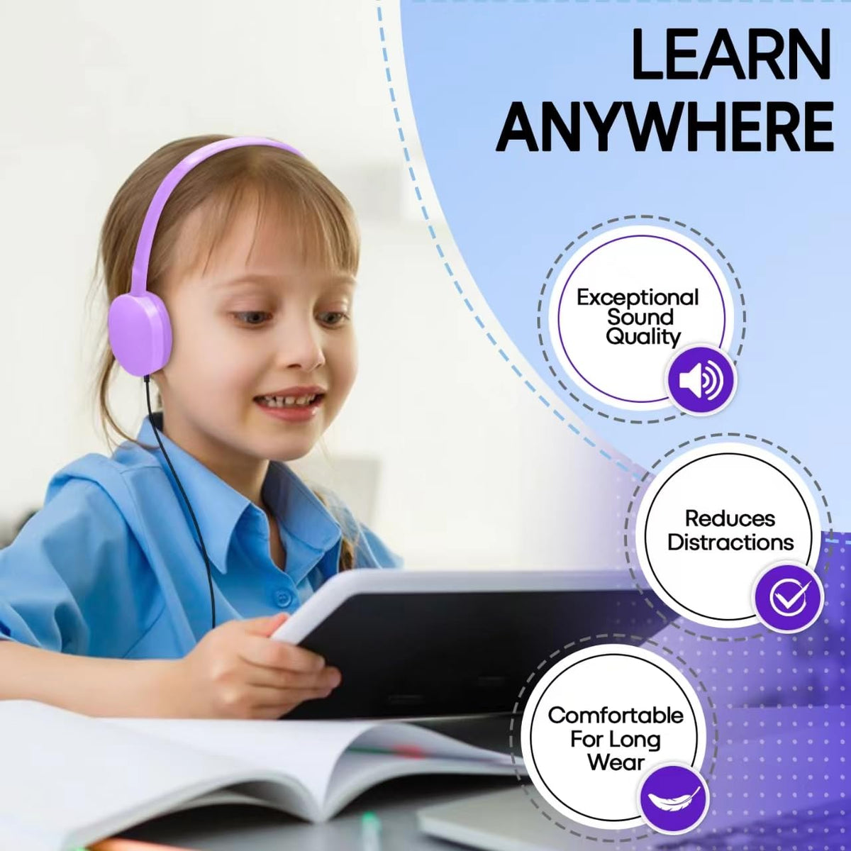 Wensdo kids headphones offer clear, stable sound for focus during lessons.