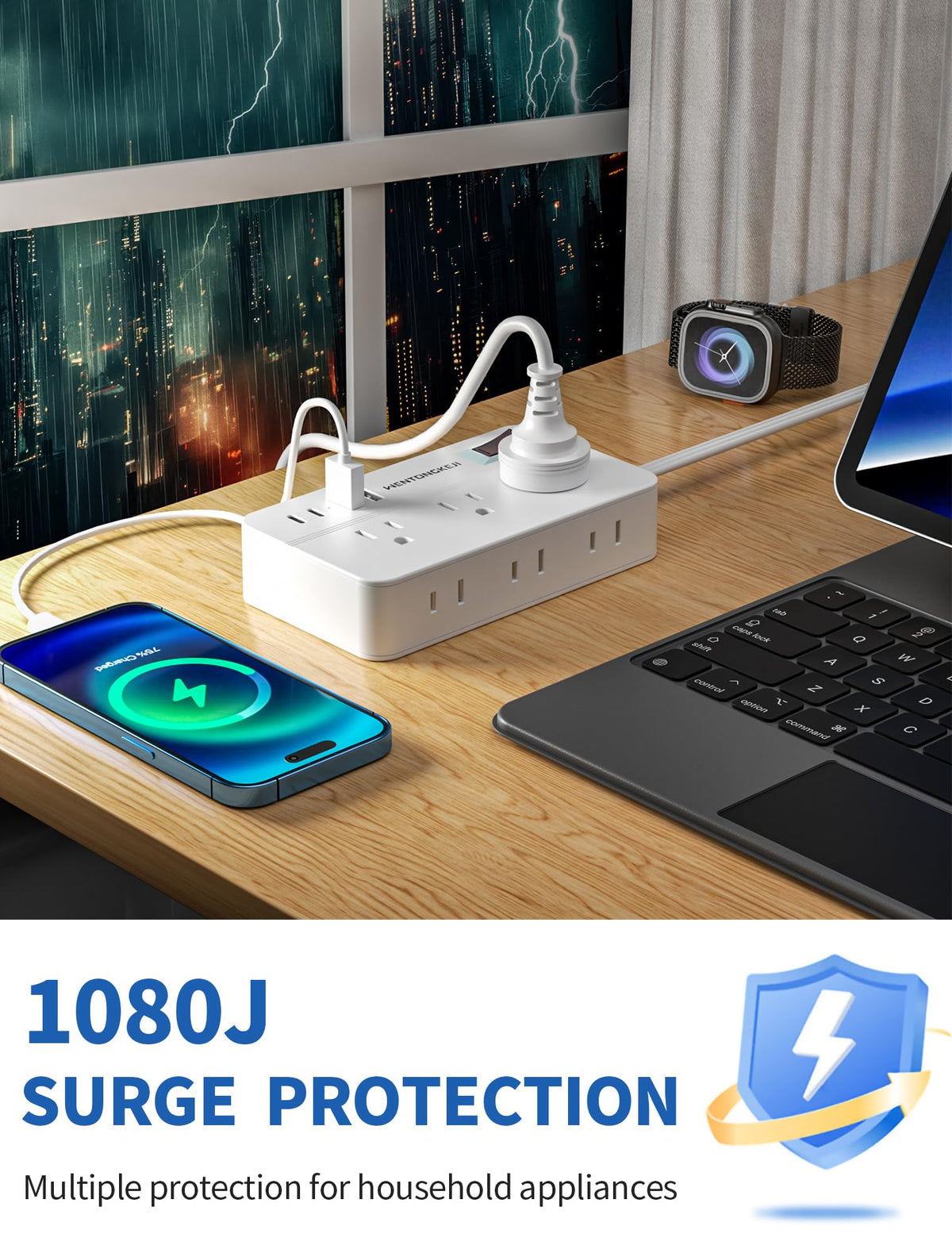WENTONGKEJI power strip offers 6 outlets and 4 USB ports for multiple devices.
