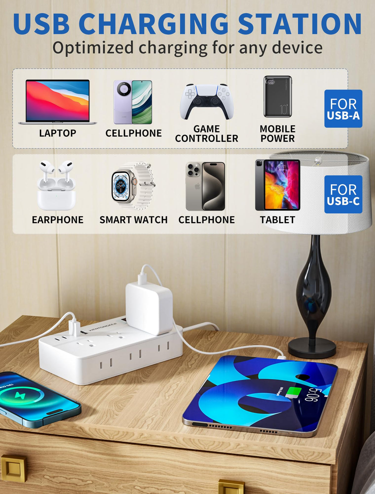 Wentongkeji surge protector with 45-degree flat plug fits behind furniture.