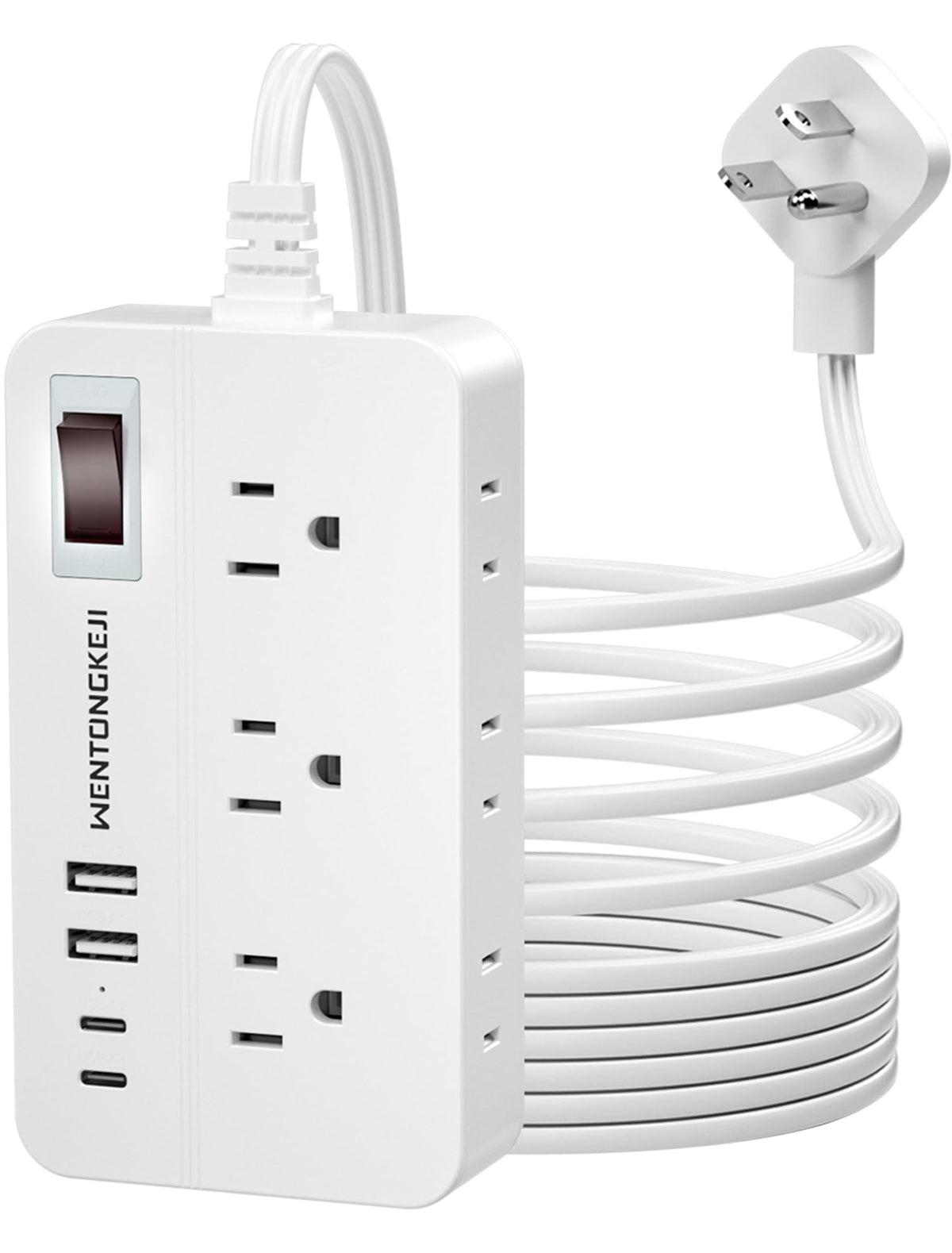 WENTONGKEJI surge protector with 5ft braided cord keeps desks tidy and accessible.