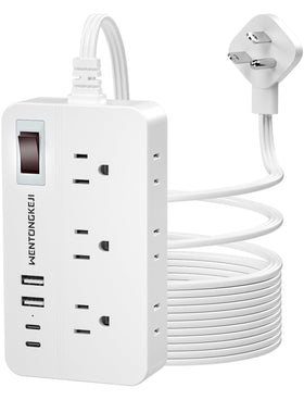 Wentongkeji surge protector flat plug with six outlets and four USB ports.