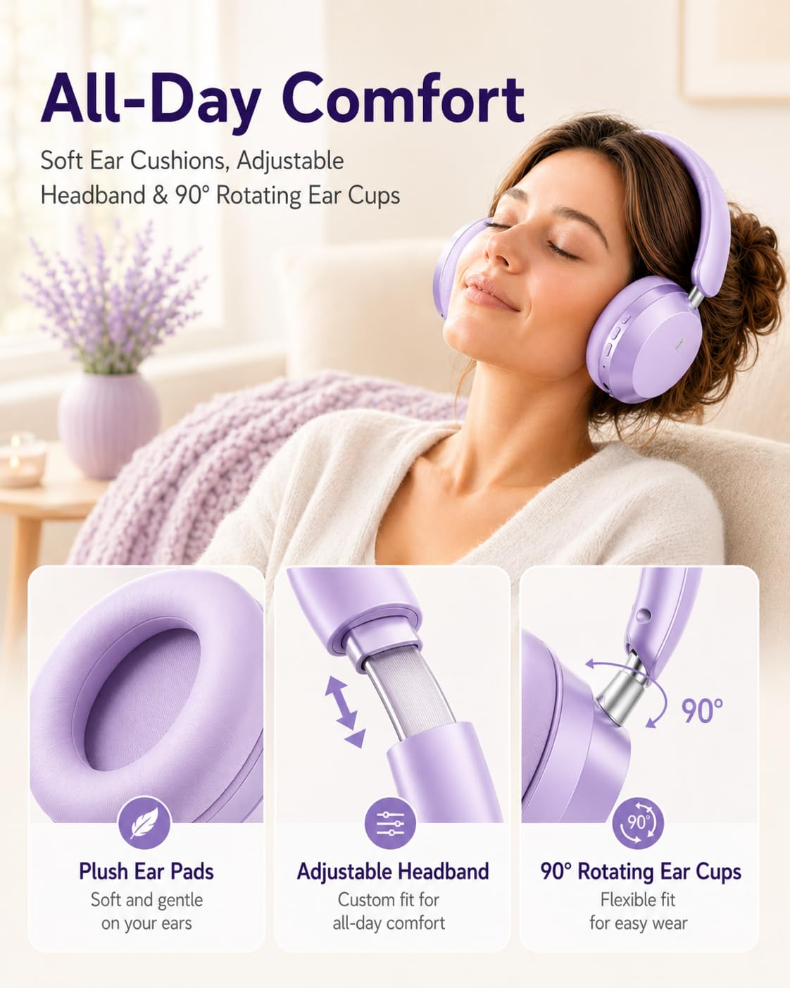 Wentronic Y05 purple rotating ear cups for comfortable travel wear.