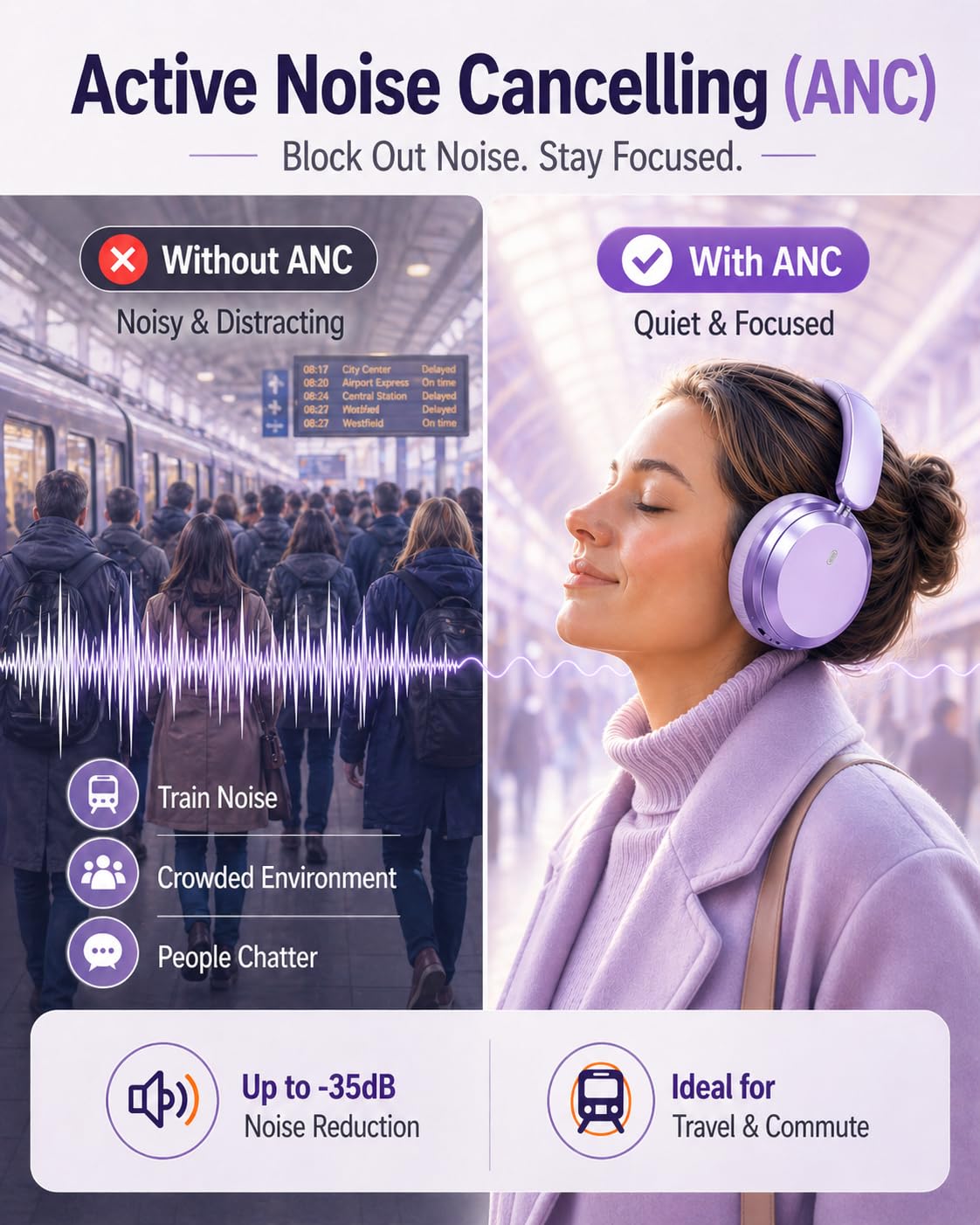 Wentronic Y05 purple side view highlights cushioned cups and durable headband.