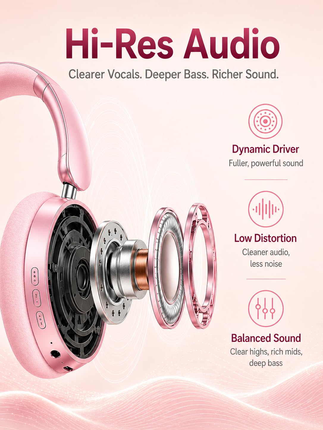Wentronic Y05 pink Hi-Res audio delivers crisp vocals and deep bass