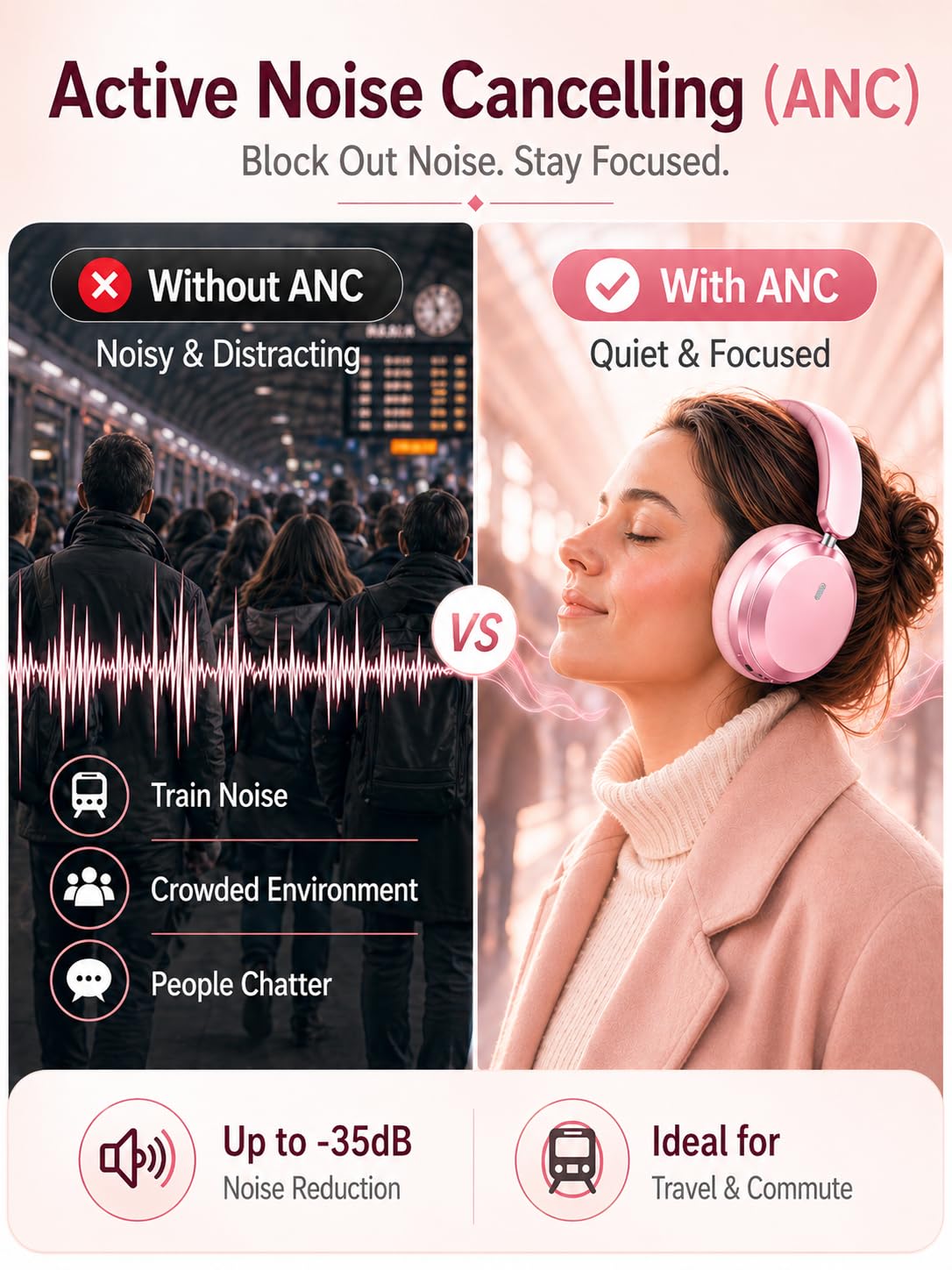 Wentronic Y05 pink with active noise cancelling reduces surrounding distractions