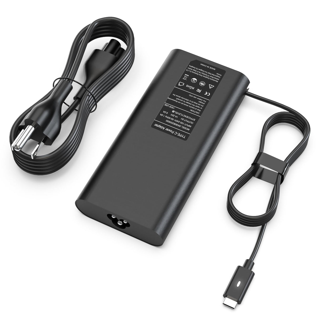 WENYAA 130W USB-C laptop charger front view showing compact design and versatility.