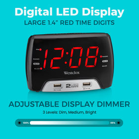 Westclox digital FM clock radio front panel for convenient tuning and presets.