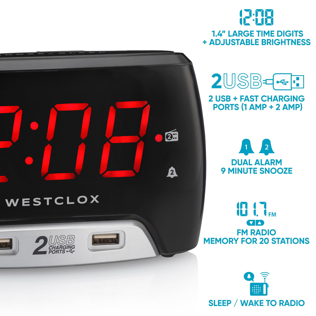 Westclox black finish brings modern bedside style to any room.