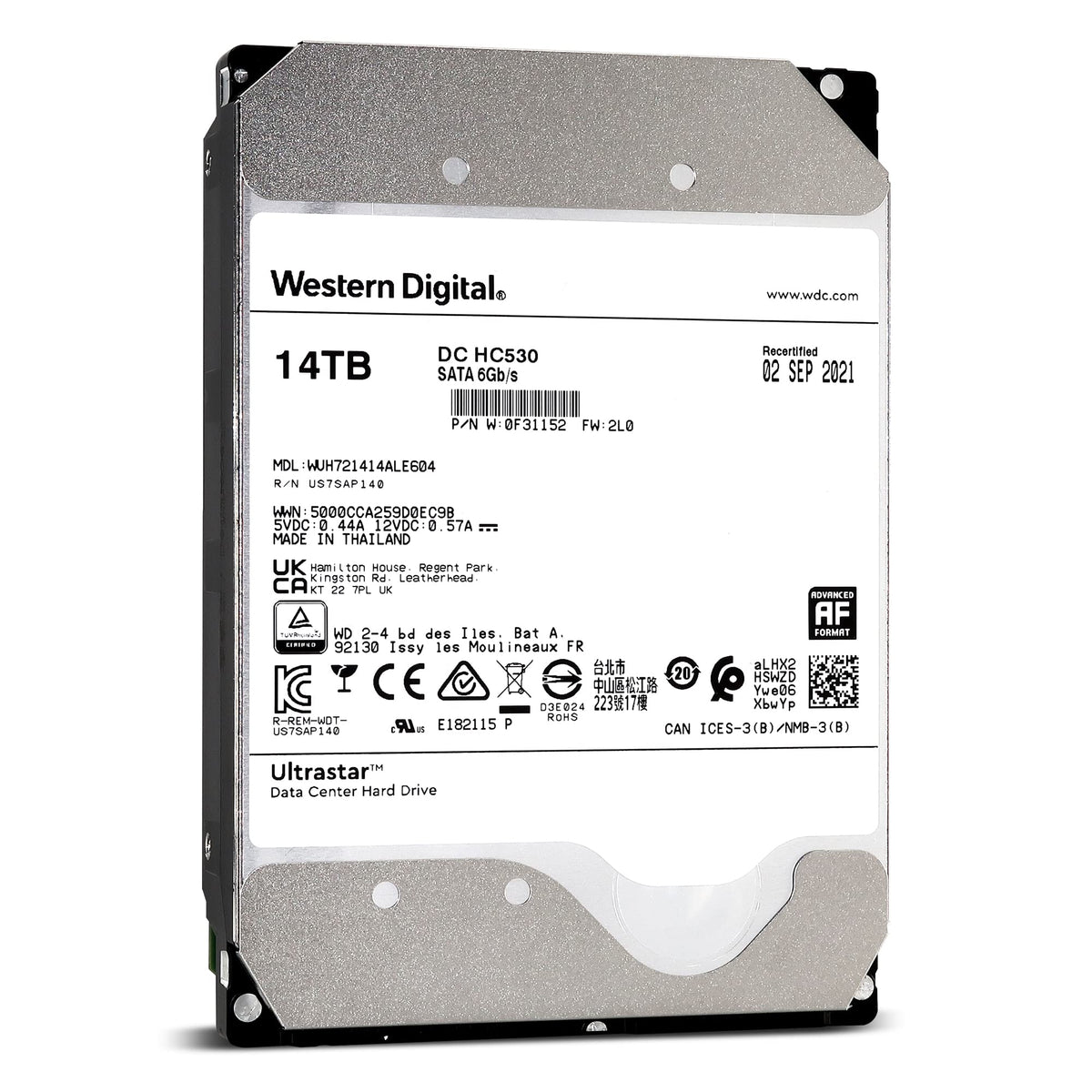 WD Ultrastar 14TB top label shows capacity and performance details.