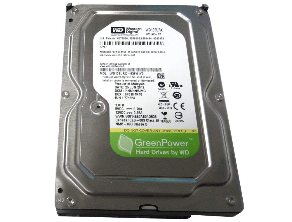 Western Digital AV-GP WD10EURX 1TB label, showing capacity for NAS and media servers