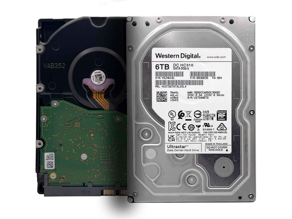 Western Digital Ultrastar DC HC310 6TB drive top view for data-center reliability and capacity.