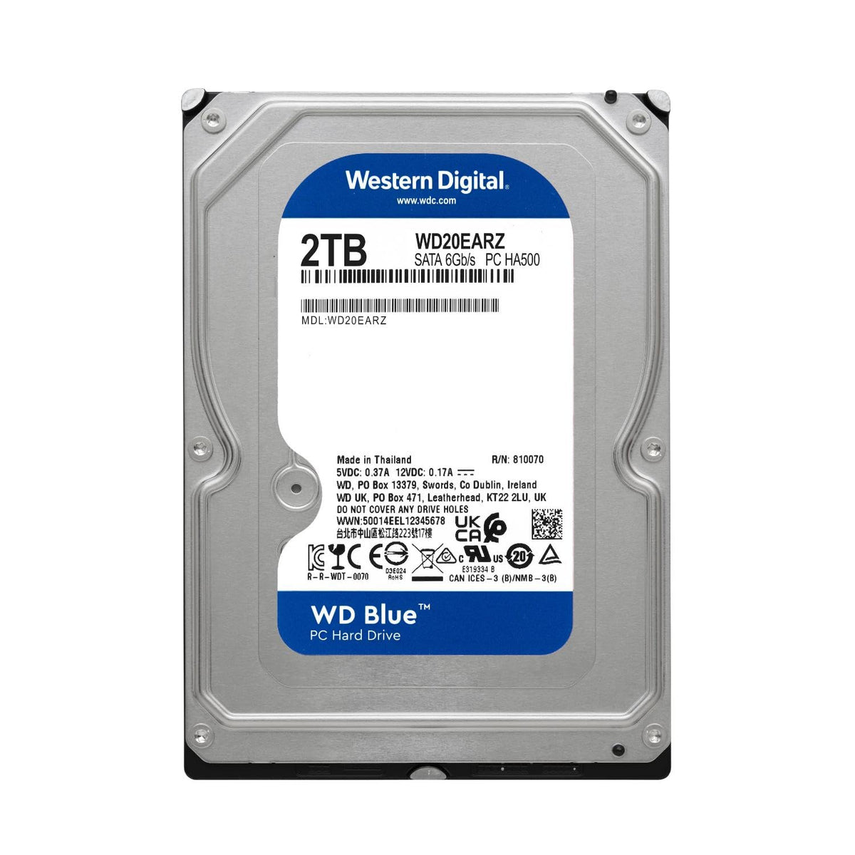 WD20EARZ 2TB drive label close-up highlighting energy efficiency and reliability