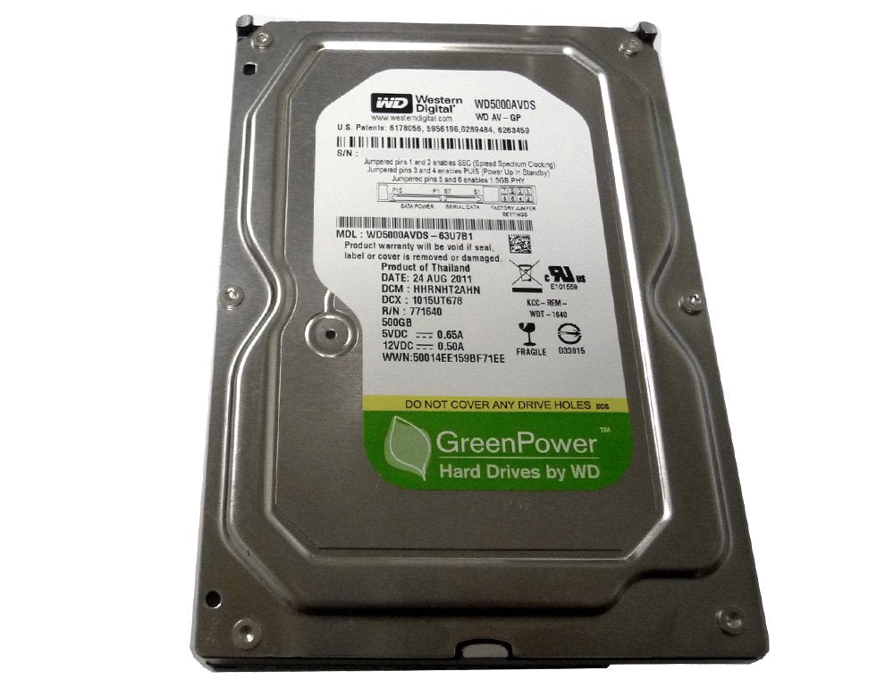 Western Digital WD5000AVDS label closeup highlighting model, capacity and benefits