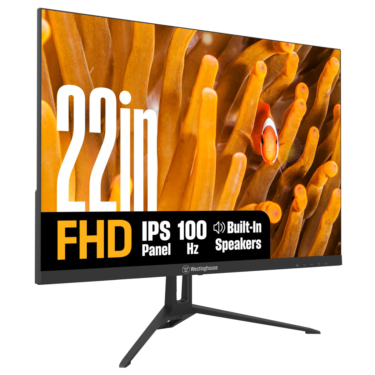 Westinghouse 22-inch frameless monitor with metal stand for a sleek desk setup.