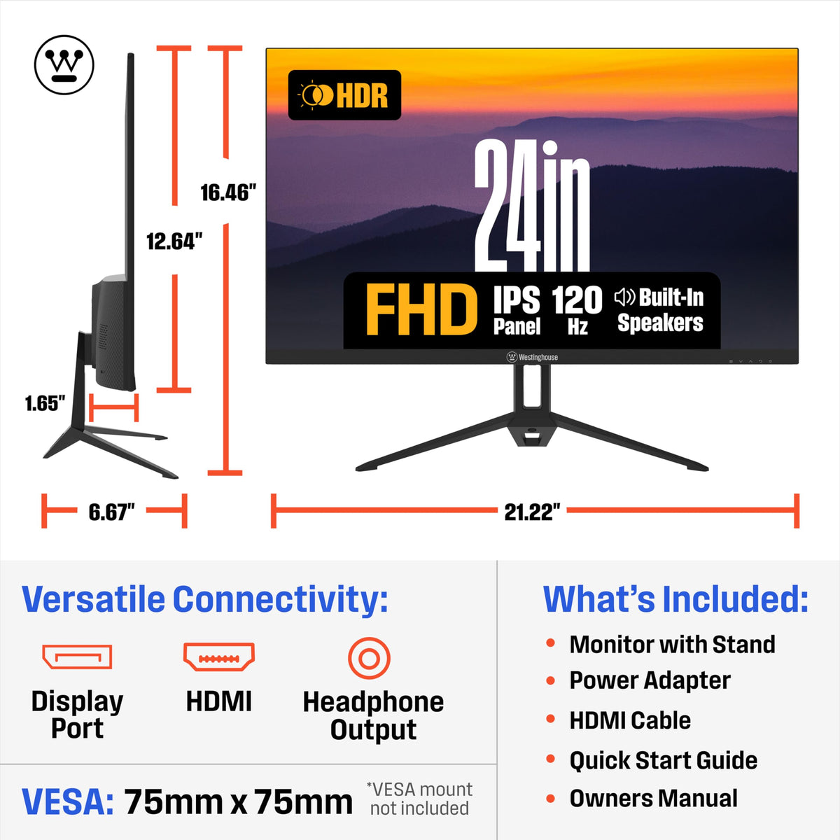 Westinghouse 24in gaming monitor HDR with high contrast for vivid details.