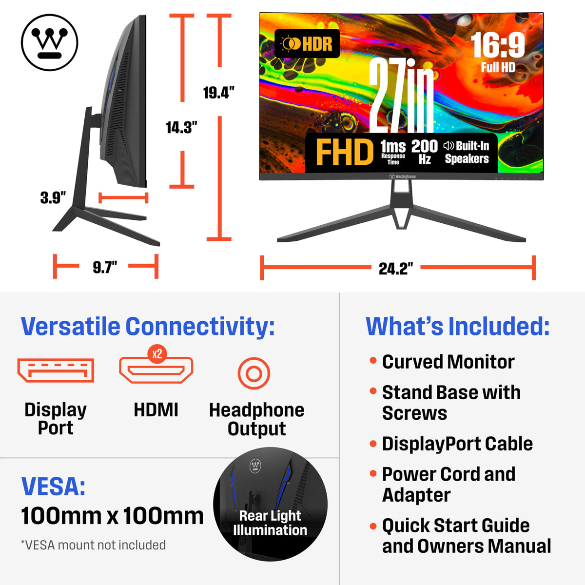 Westinghouse 27-inch curved gaming monitor with built-in speakers for convenient audio.