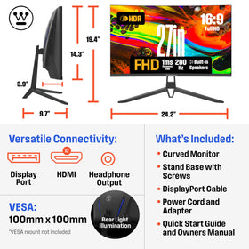 Westinghouse 27-inch curved gaming monitor with built-in speakers for convenient audio.