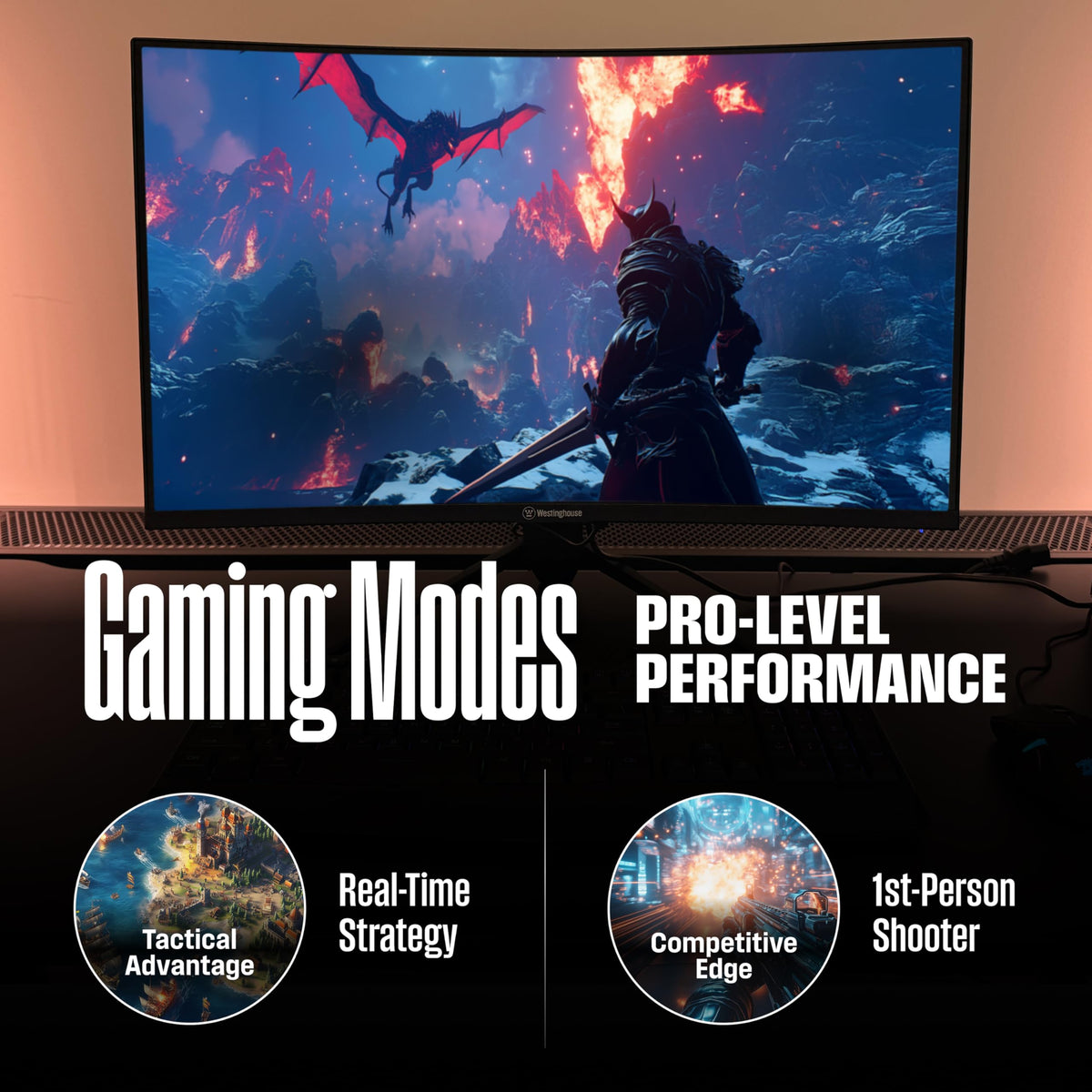 Westinghouse 27-inch curved gaming monitor designed for eye care with flicker-free tech.