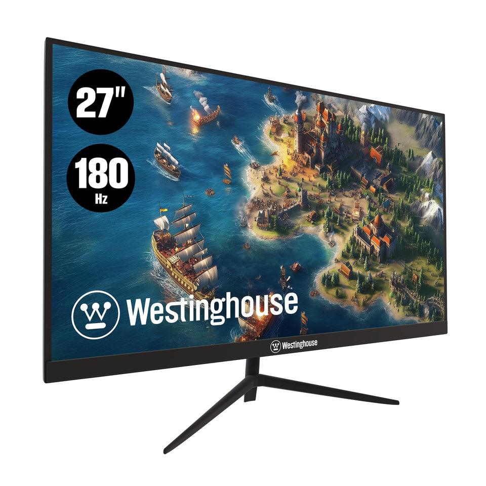 Westinghouse 27-inch gaming monitor front view for immersive gameplay on a spacious desk.