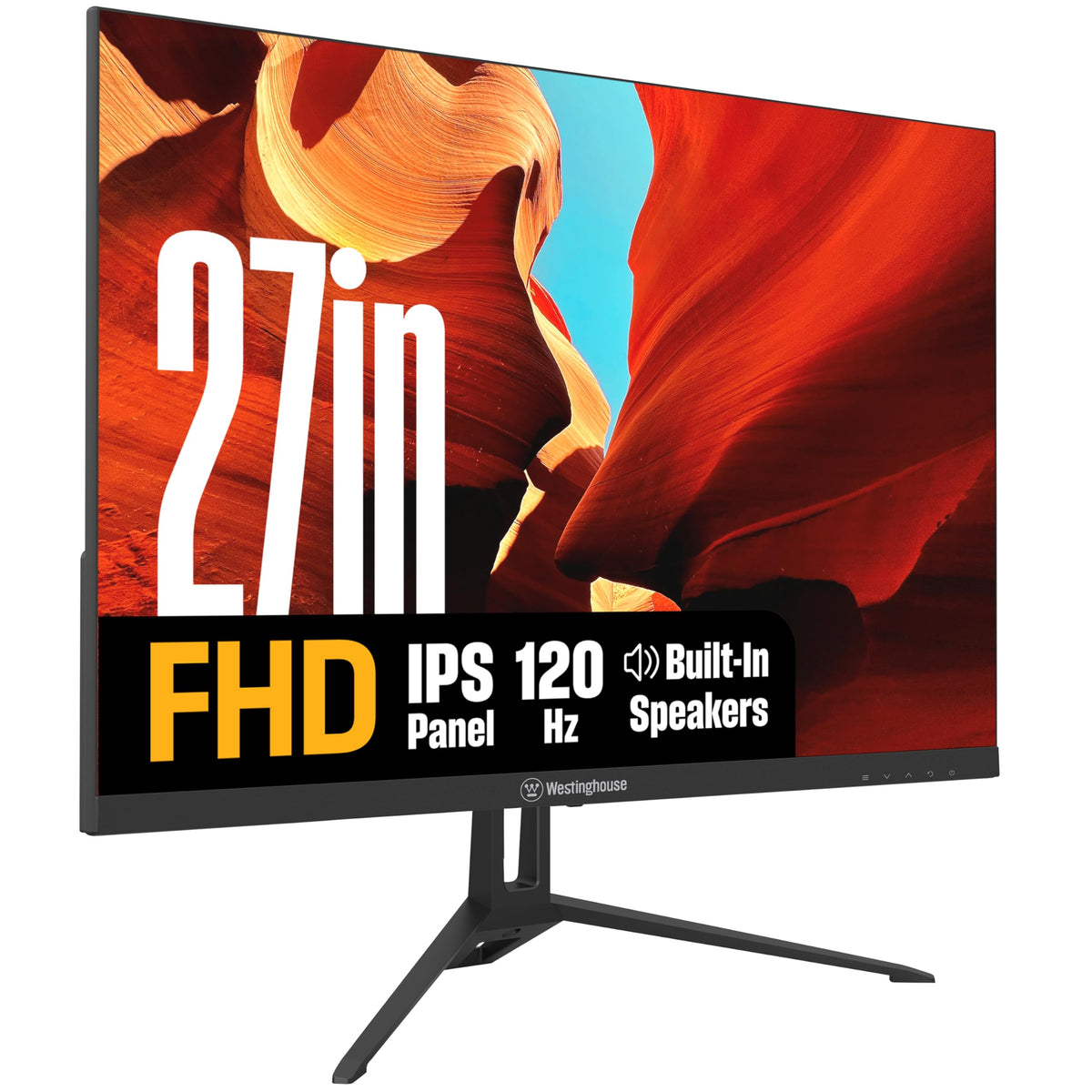 Westinghouse 27-inch gaming monitor front view highlights frameless design for immersive gaming setups.
