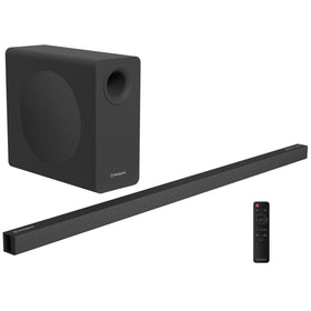 Westinghouse soundbar front view showing compact design for immersive TV audio