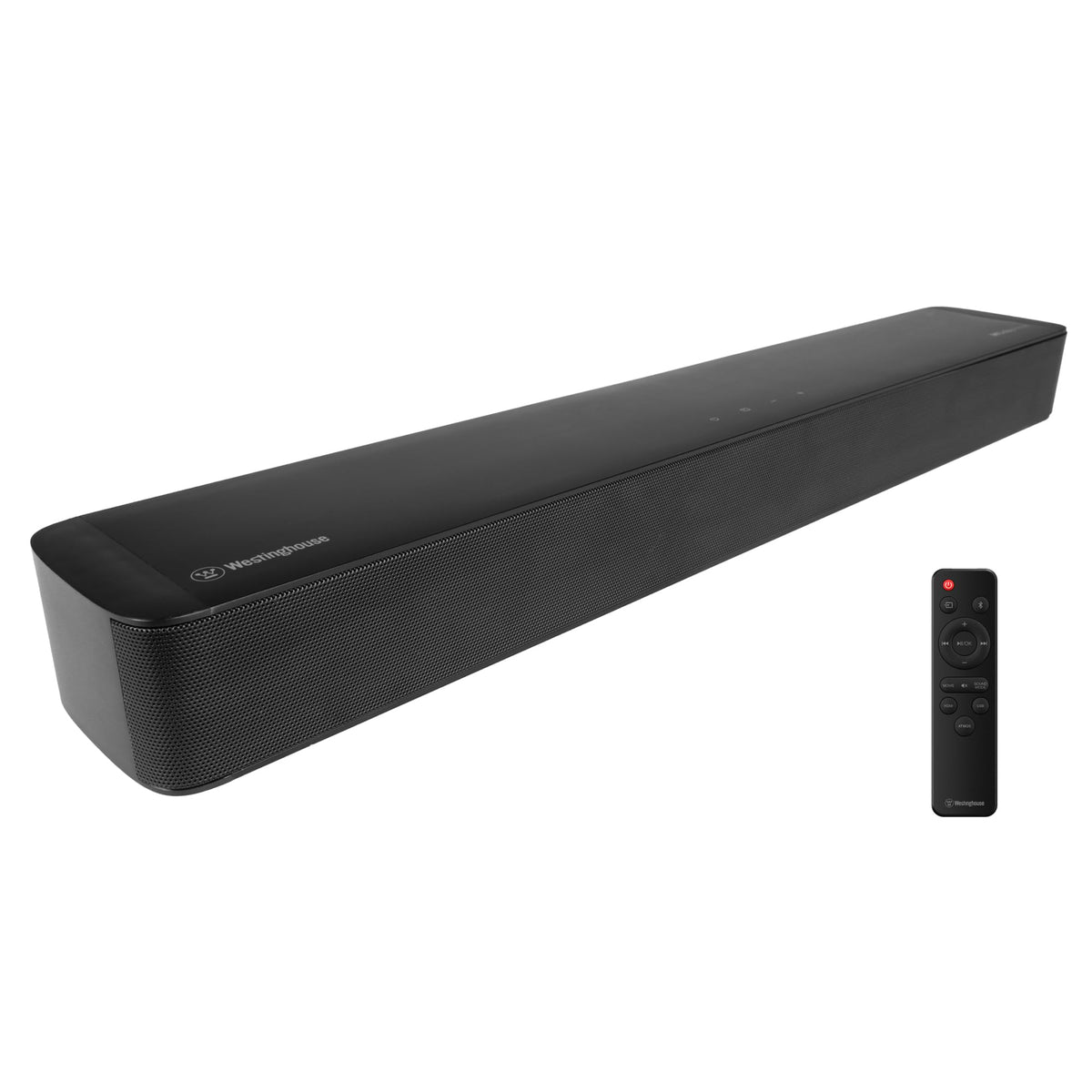 Westinghouse Sound Bar front view on a TV stand enhancing dialogue clarity