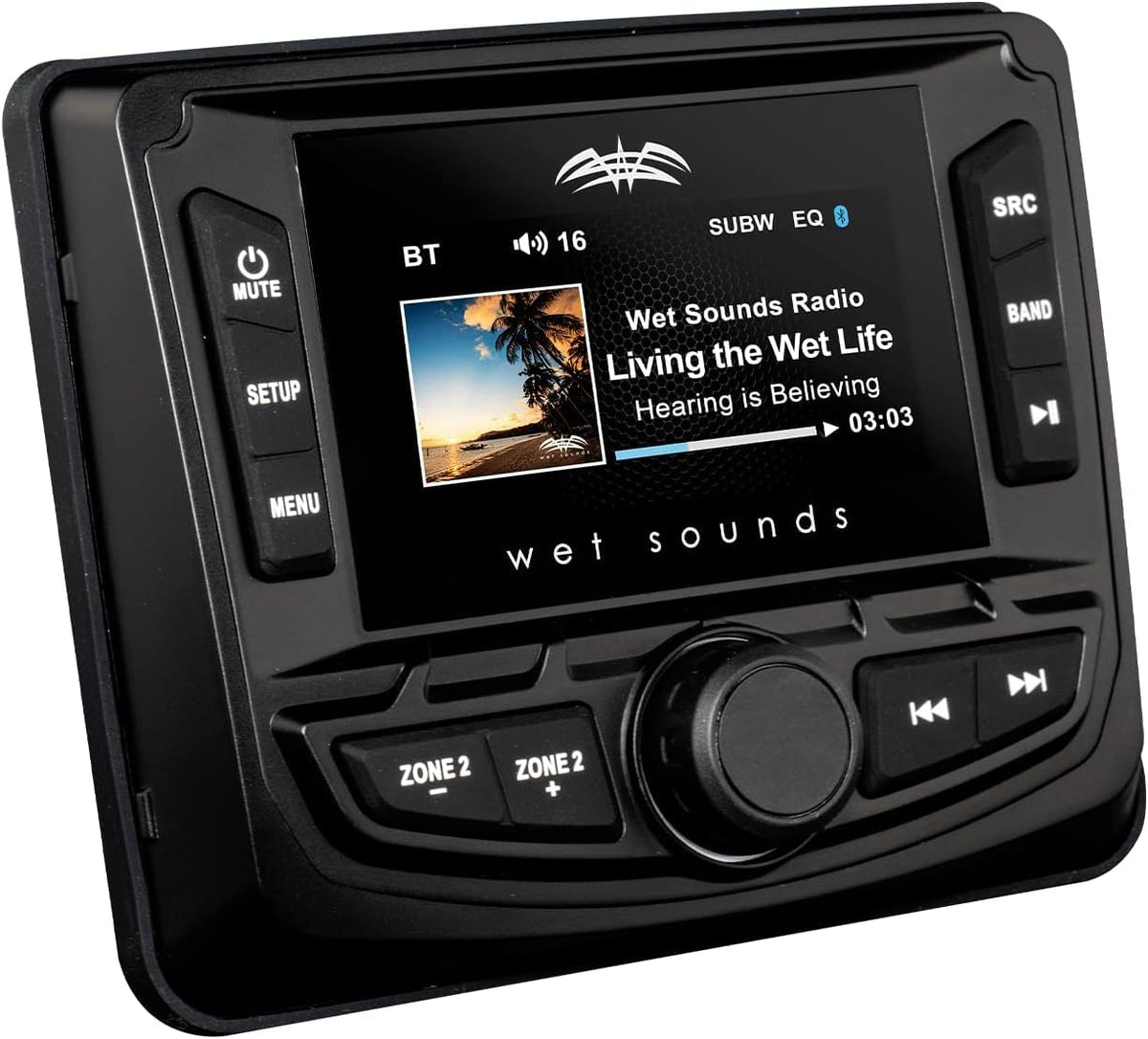 Wet Sounds WS-MC-2 front panel with easy access controls for compact boats.