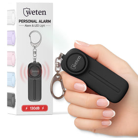 WETEN front view of black personal alarm keychain showing compact design and easy carry