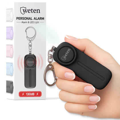 WETEN front view of black personal alarm keychain showing compact design and easy carry