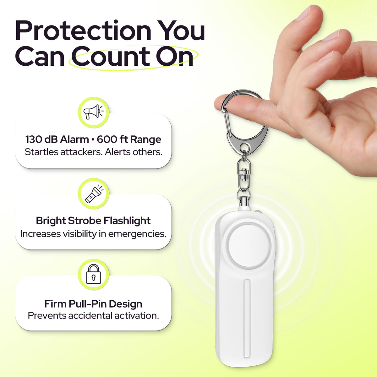 WETEN alarm keychain with integrated LED light for night visibility