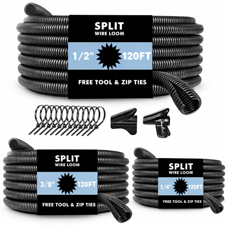 Wevsuipo split wire loom 1/4in protects automotive wiring from heat and abrasion.