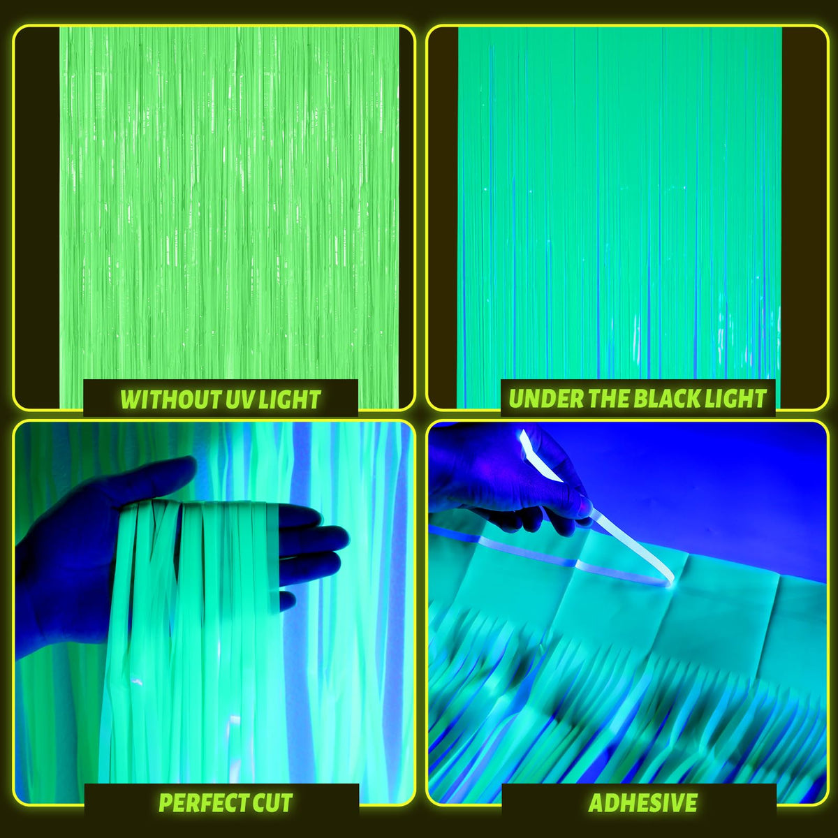 Weysat glow in the dark yellow fringe curtain brightens event spaces