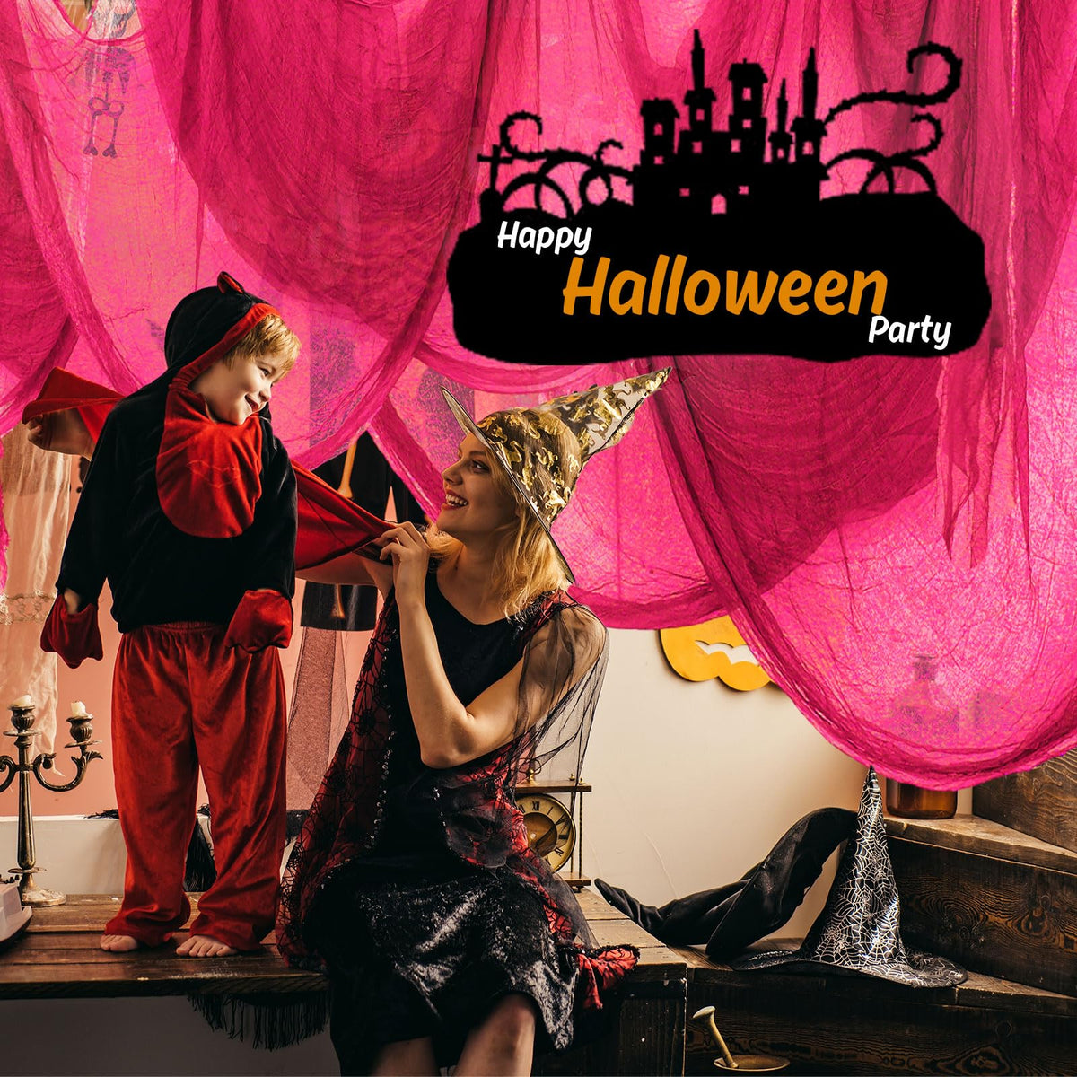 Whaline indoor party backdrop in hot pink transforming room into vibrant haunted scene