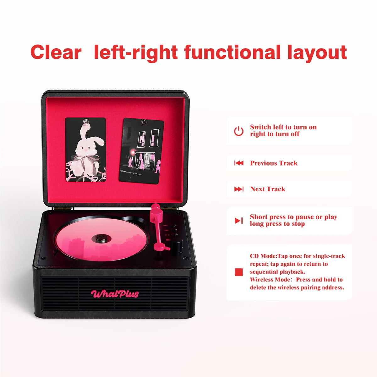 WhatPlus CD Player with Bluetooth Speaker retro design complements modern desks.