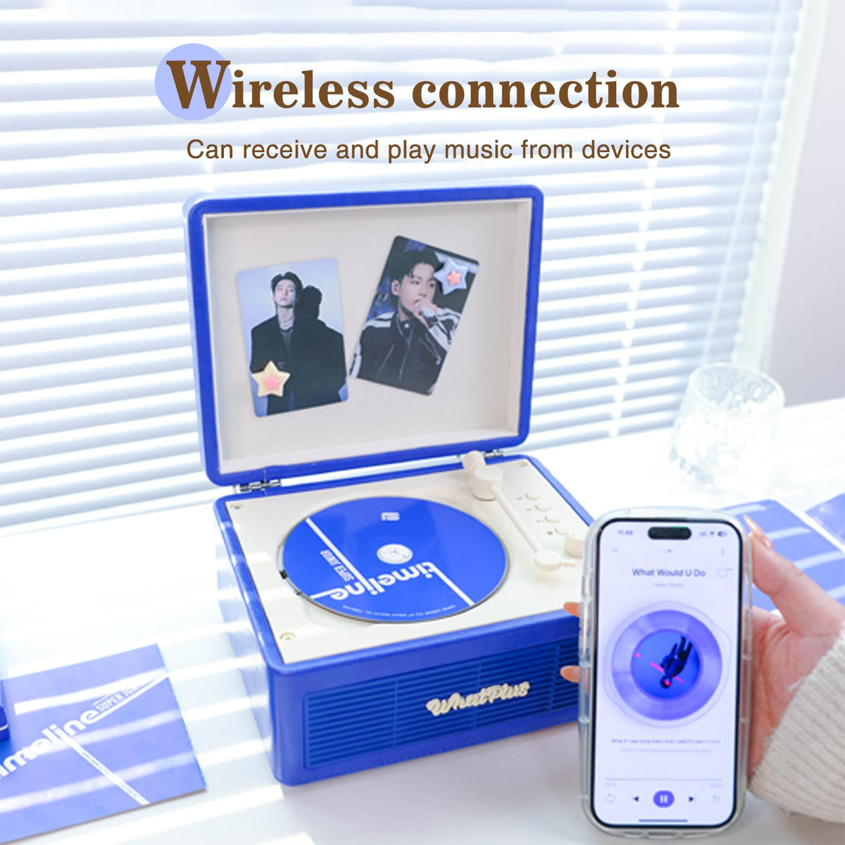 WhatPlus portable CD player shows AUX-in and TF card usage for versatile playback.