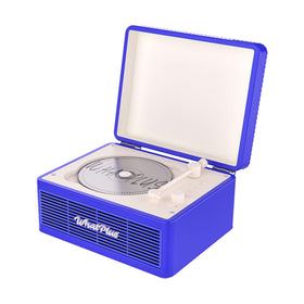 WhatPlus portable CD player in dark blue front view with built-in speakers for shared listening.