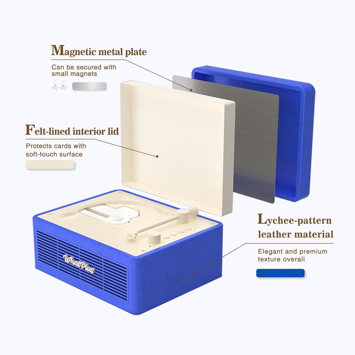 WhatPlus portable CD player dark blue top view showing geometric 3D body and leather finish.