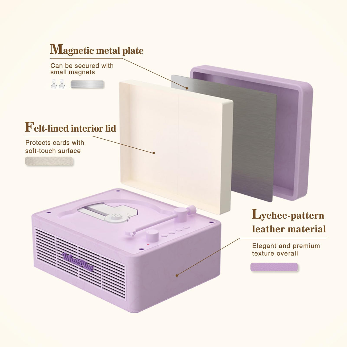 WhatPlus portable CD player leather finish detail highlights premium look and grip.