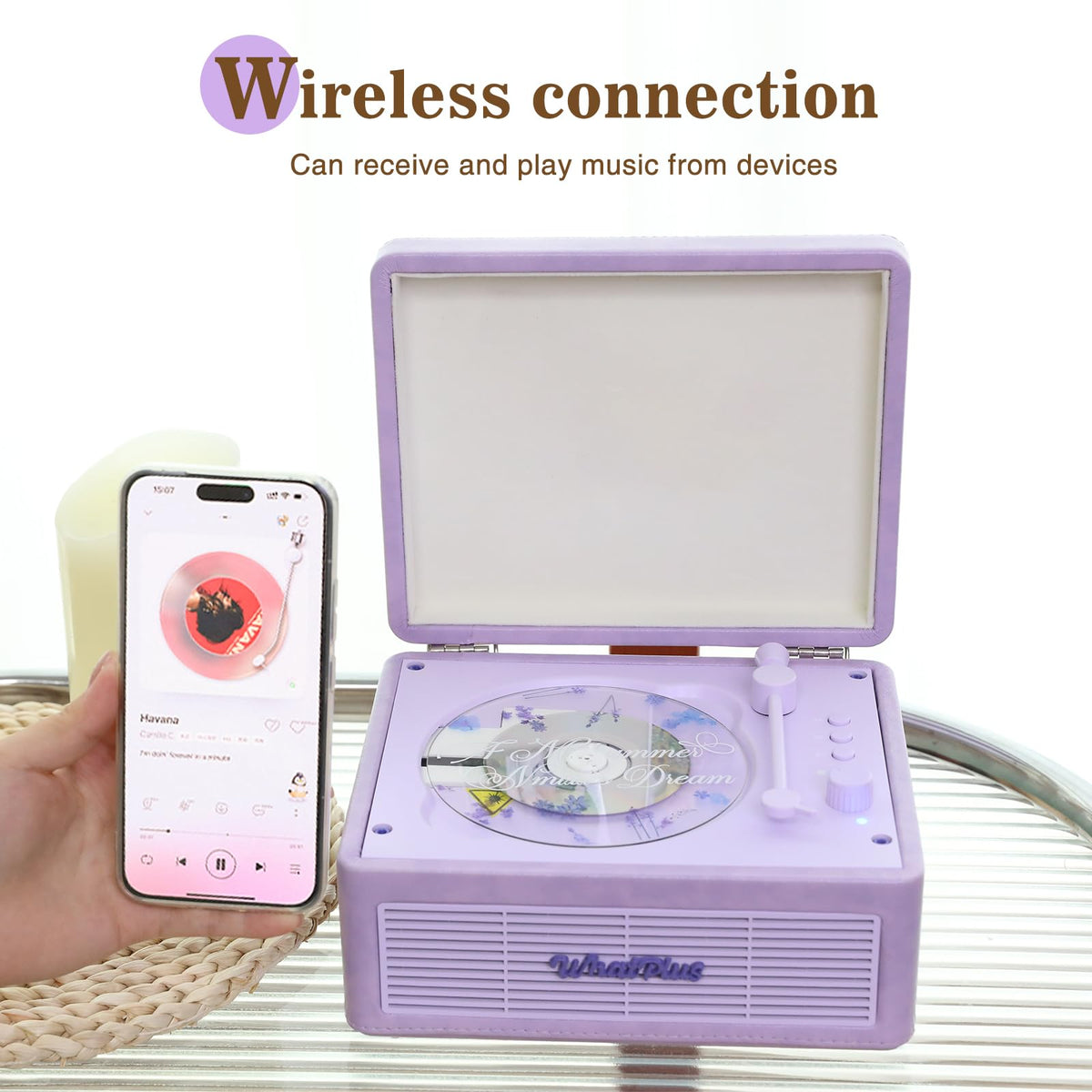 WhatPlus portable CD player retro-modern aesthetic enhances home decor.
