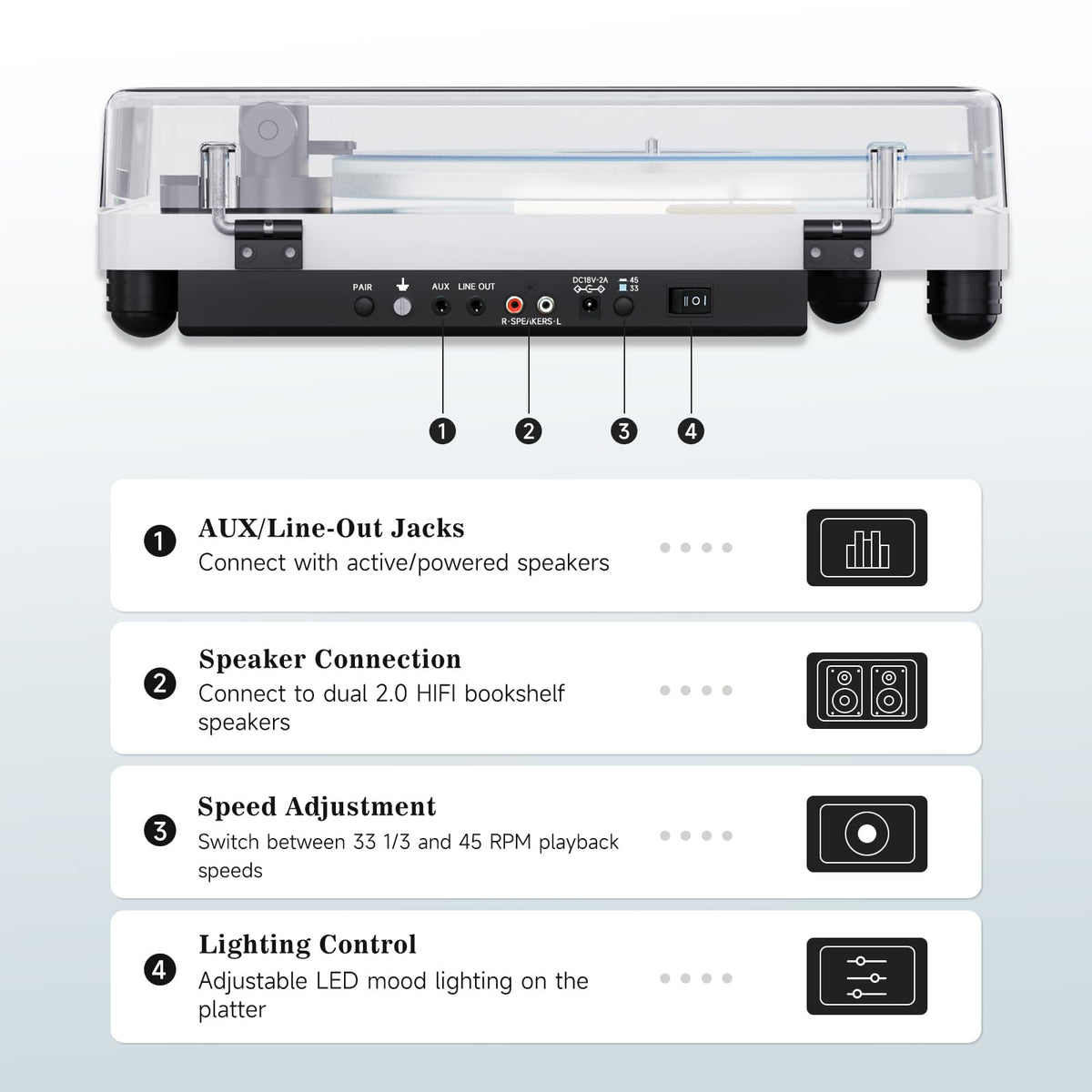 Whatplus belt-drive system ensures steady 33/45 RPM playback.