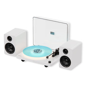 Whatplus vinyl record player with LED ambient lighting creates gallery-like mood lighting.