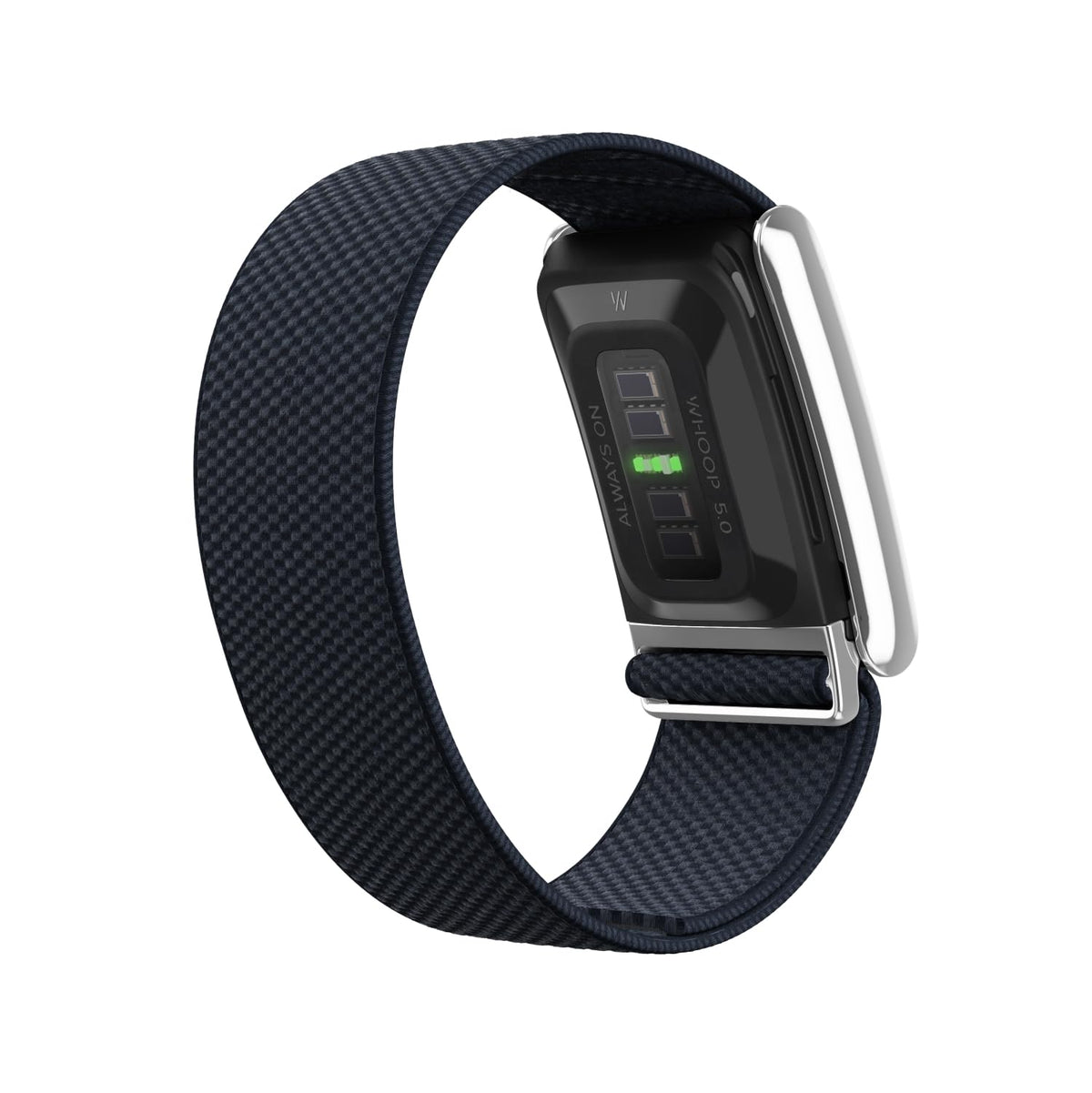 WHOOP 5.0 SuperKnit Luxe midnight band worn on wrist for versatile daily use