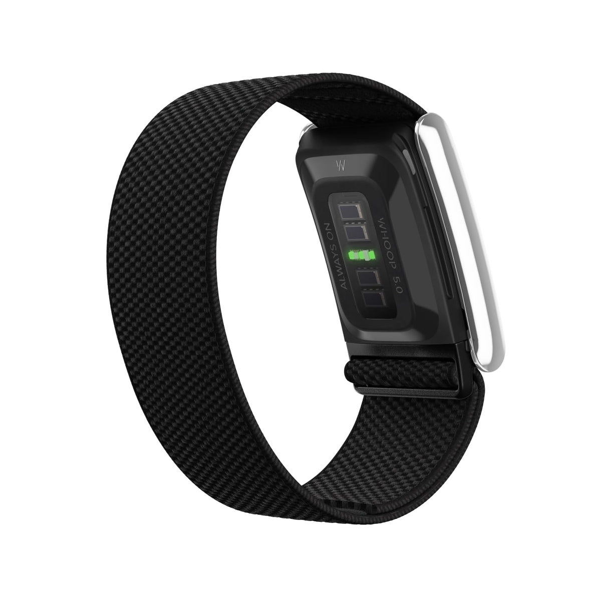 WHOOP 5.0 SuperKnit Luxe Obsidian band perfect for workouts and all-day wear.