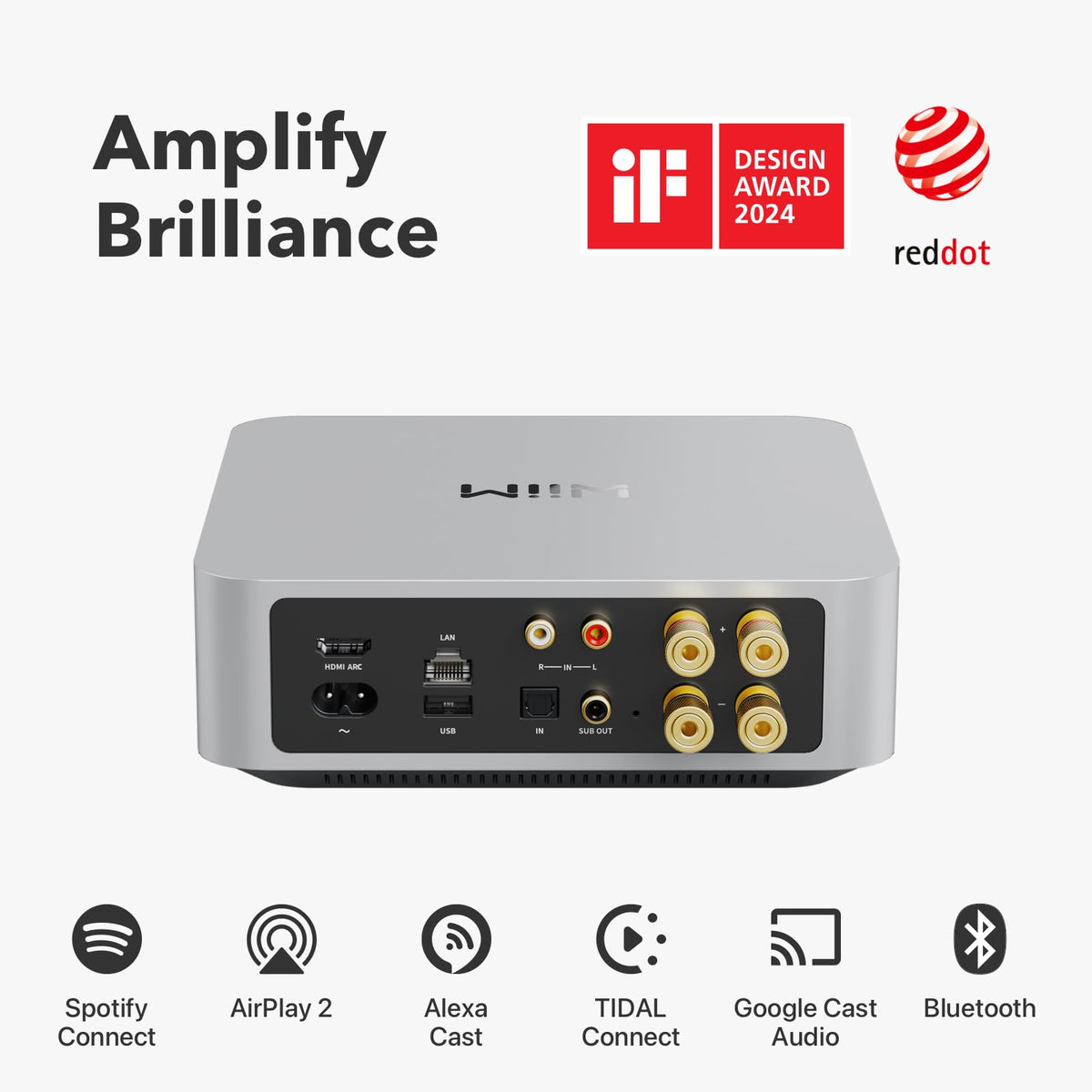 WiiM Amp back panel with HDMI ARC and inputs for TV and audio devices