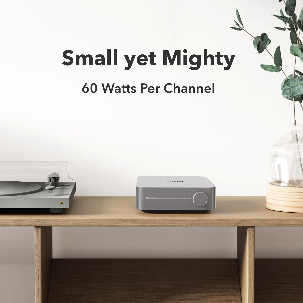 WiiM Amp in a living room setup powering multiroom audio across speakers