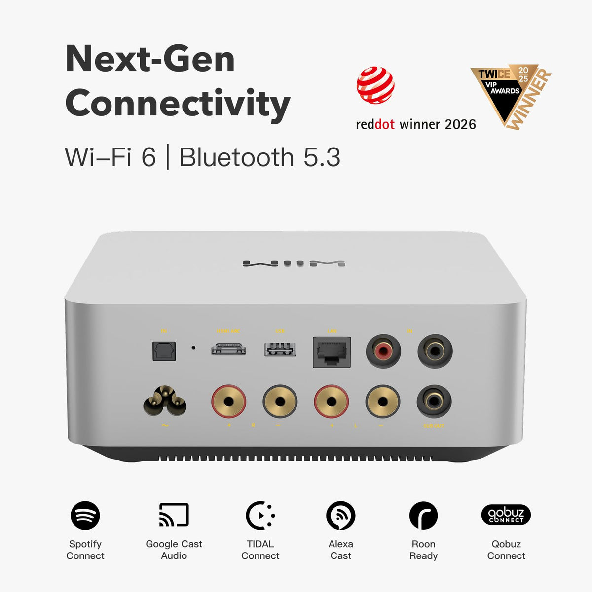 WiiM Amp Ultra sleek aluminum chassis in a modern living space