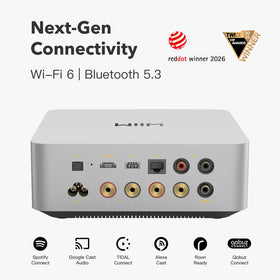WiiM Amp Ultra sleek aluminum chassis in a modern living space